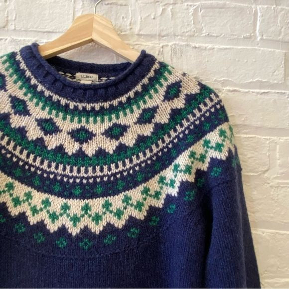 L.L. Bean || Classic Ragg Sweater Crewneck Fair Isle Lambs Wool Navy Green XS