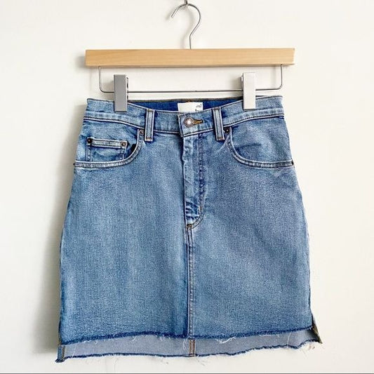 Aritzia || Wilfred Free Cut Off Denim Skirt Mini Raw Step Hem 4 Blue