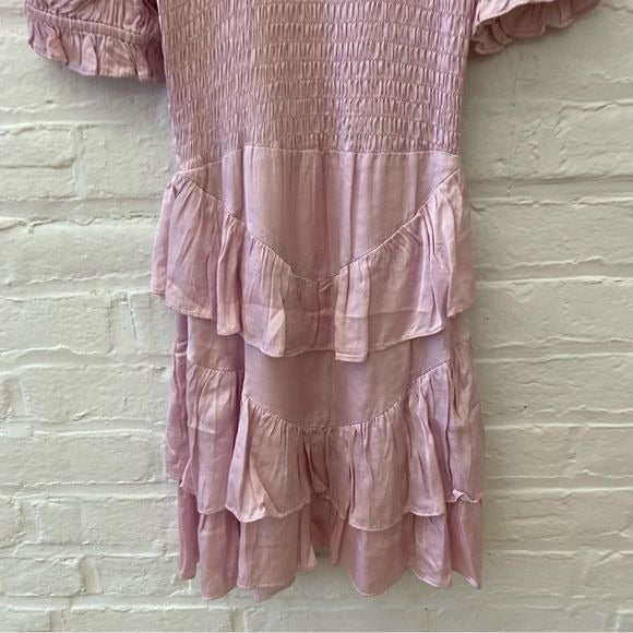 Olivaceous || Smocked Tiered Ruffle Mini Dress Satin Pink Small