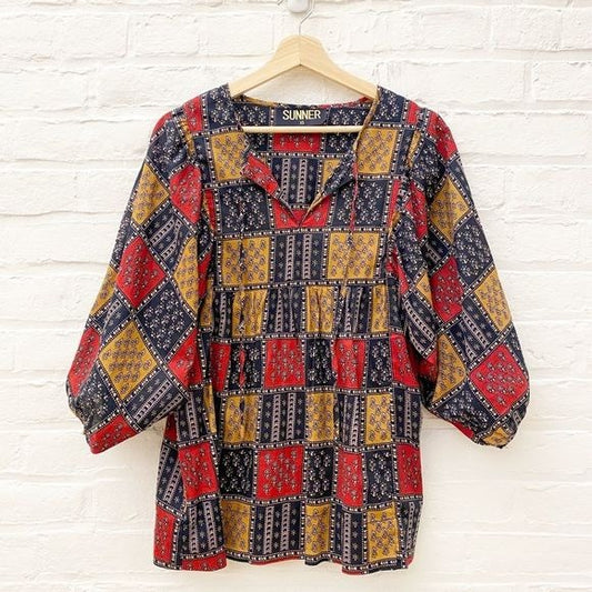 Anthropologie || Sunner Patchwork Pinochle Top Tunic Red Navy XS