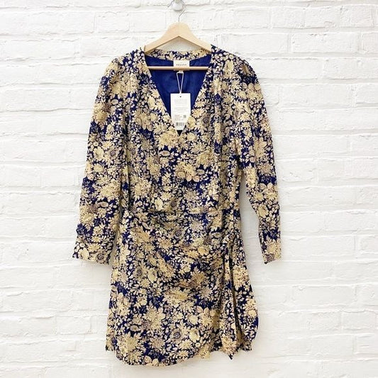 Sezane || Robe Noemia Wrap Dress in Country Flowers Blue Yellow Tan 44 US 12 NWT