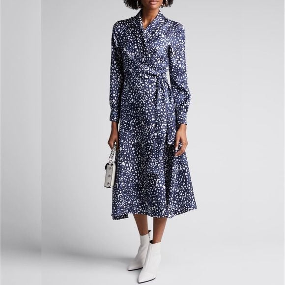 Max Mara || Ravel Printed-Silk Wrapped Shirtdress Navy Circle Bubbles Midi 2