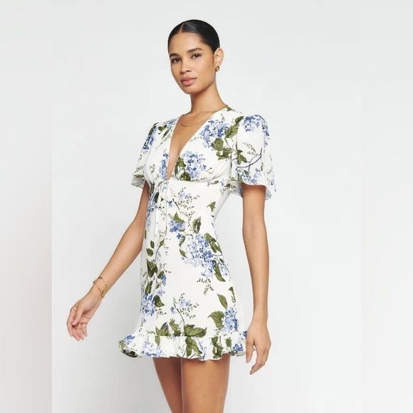 Reformation || Mya Dress in Riviera Cream Blue Floral Plunge Mini 6 NWT