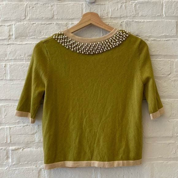 Anthropologie || Darling Pearl Faux Collar Trim Sweater Angora Blend Green Small