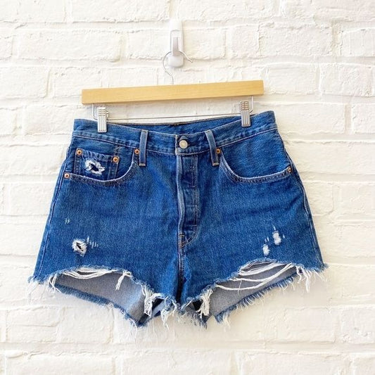 LEVI’S || 501 High Rise Denim Cutoff Shorts Drive Me Crazy Blue Distressed 29