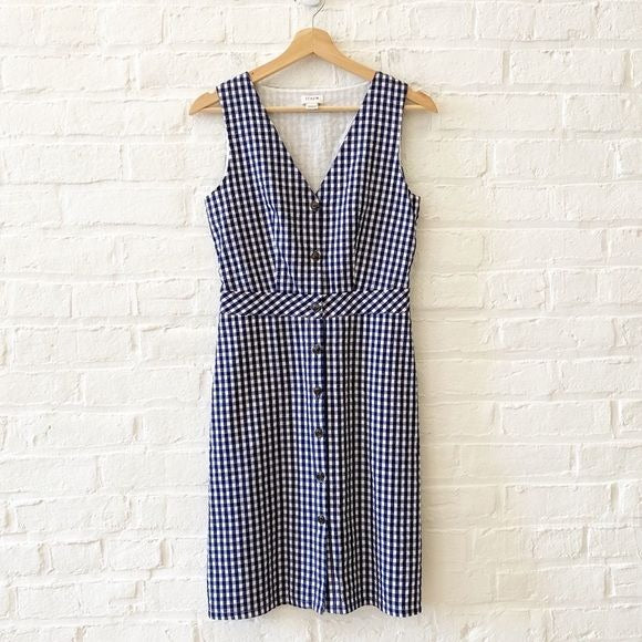 J. Crew || V-neck Button-front Dress in Navy Blue and White Gingham 0