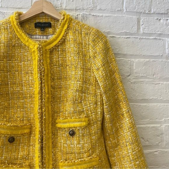 Talbots || Tweed Lady Jacket Fringe Patch Pocket Buttons Preppy Yellow 2