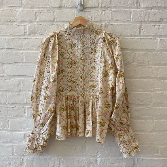 ByTiMo || Eyelet Puff Sleeve Top Blouse Cotton Slub Lace Vintage Floral Ivory M