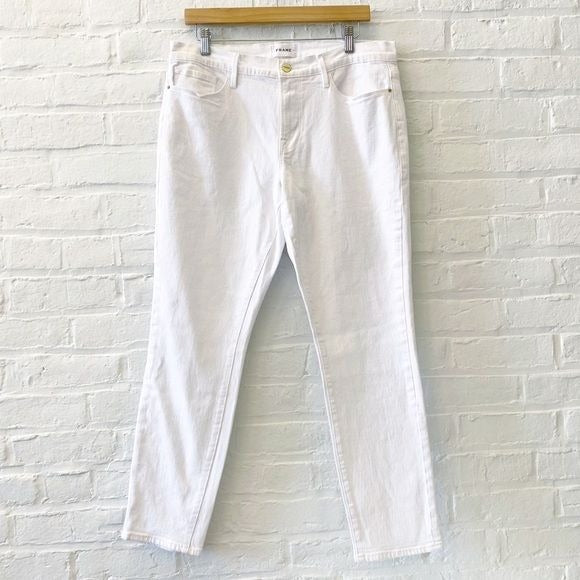 FRAME Denim || Le Garcon Mid Rise Straight Boyfriend Jeans Blanc White 30