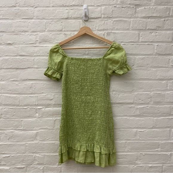 Faithfull the Brand || Cette Linen Smocked Mini Dress Puff Sleeve Green US 4