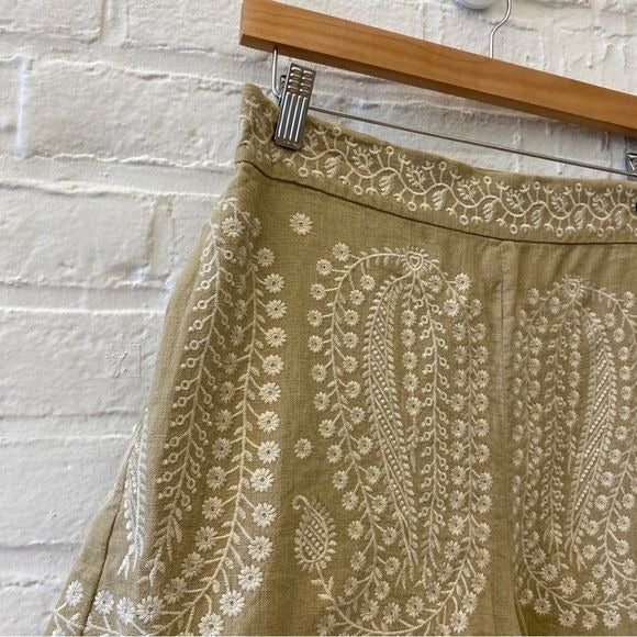 Zara || High Waisted Embroidered Shorts Linen Tan Large