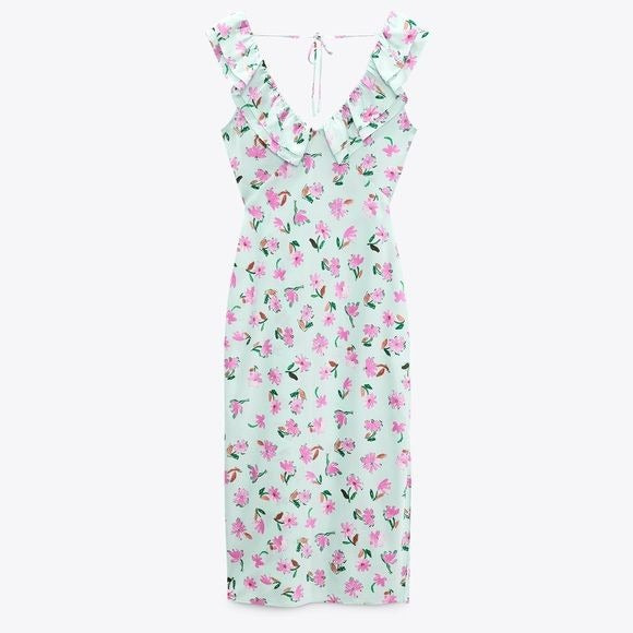 Zara || Floral V-Neck Ruffle Slip Dress Midi Mint Pink Small