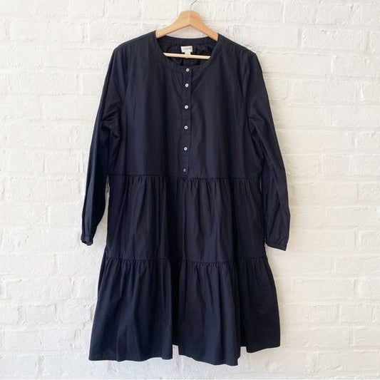 J. Crew || Cotton Poplin Tiered Mini Dress Long Sleeved Black XL