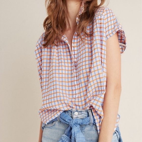 Anthropologie || Pilcro Serena Surf Popover Top Plaid Blue Orange Medium