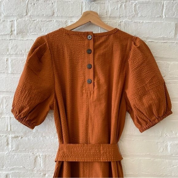 Madewell || Seersucker Belted Midi Dress Orange Large NWT