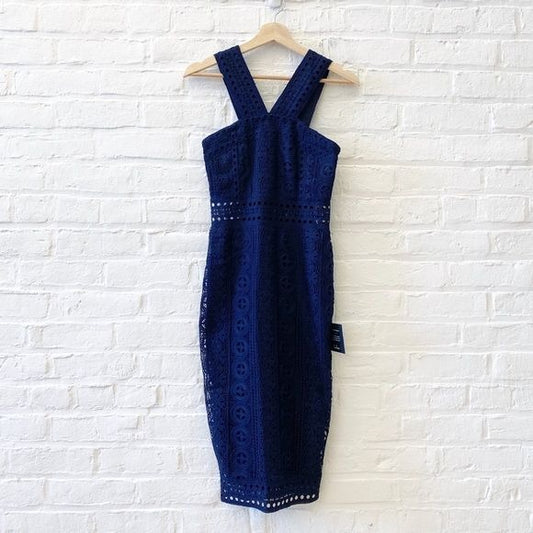 Lulus || Cocktail Ready Navy Blue Crochet Lace Midi Dress XS NWT