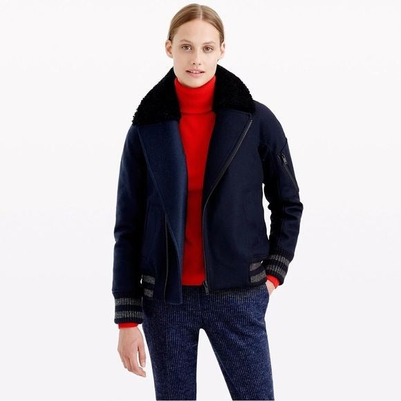 J.Crew Collection || Shearling Bomber Jacket Coat Wool Fur Navy Black 0