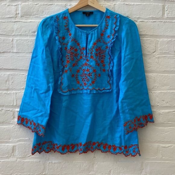 J. Crew || Embroidered Linen Tunic Top Monaco Blue