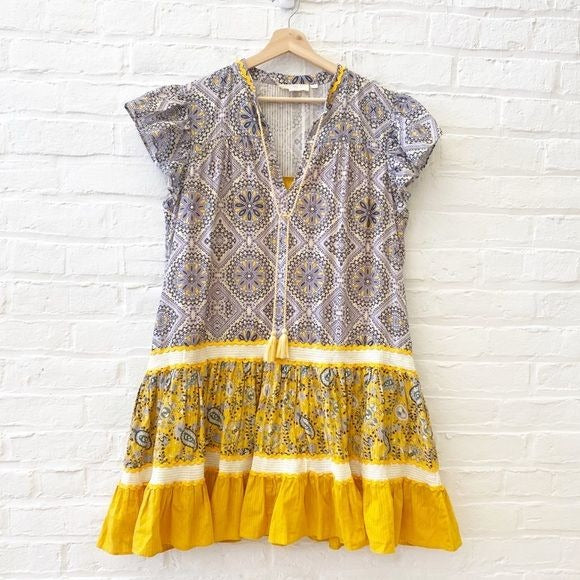 Anthropologie || Forever That Girl Tiered Mini Dress Ruffle Yellow Purple Large