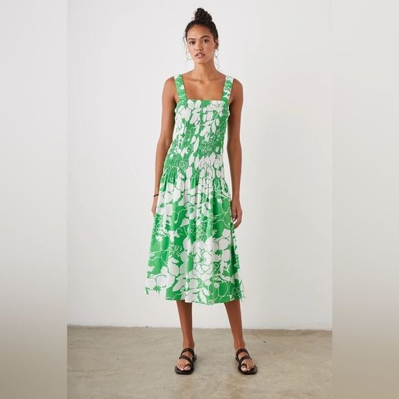 Rails || Seville Smocked Midi Dress Drop Waist in Green Lotus Floral Small