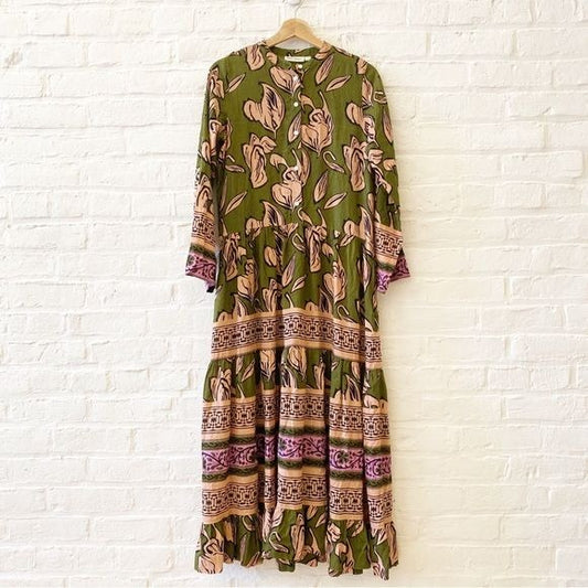 Roller Rabbit || Ebha Klara Tiered Maxi Dress Organic Cotton Green XS