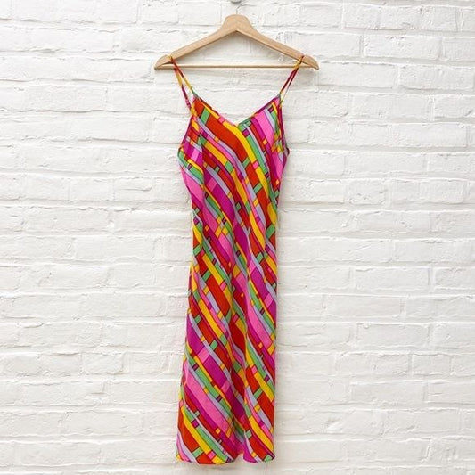 Betsey Johnson || Vintage Silk Slip Dress Abstract Geometric Bright Small