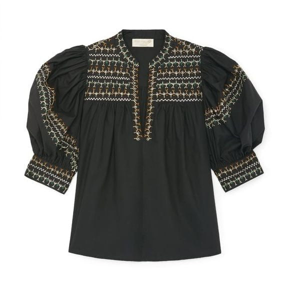 Ulla Johnson || Noam Top Embroidered Standing Collar V-Neck Puff Sleeve 6