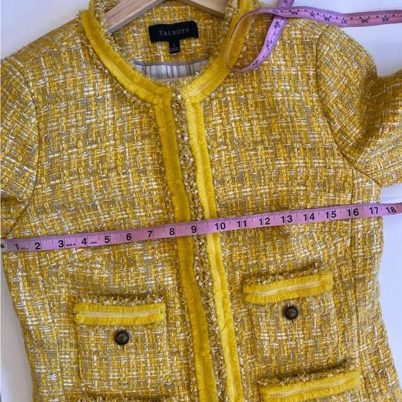 Talbots || Tweed Lady Jacket Fringe Patch Pocket Buttons Preppy Yellow 2