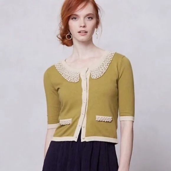 Anthropologie || Darling Pearl Faux Collar Trim Sweater Angora Blend Green Small