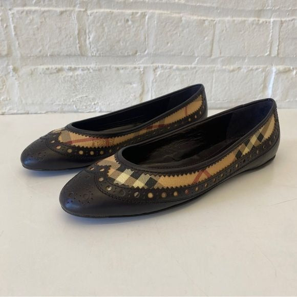 Burberry || Leather Haymarket Tudor Ballerina Flat Brogue Nova Check Brown 37