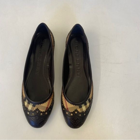 Burberry || Leather Haymarket Tudor Ballerina Flat Brogue Nova Check Brown 37