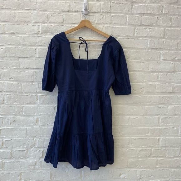 Madison Mathews || Tiered Mini Dress Square Neck Navy Blue Medium