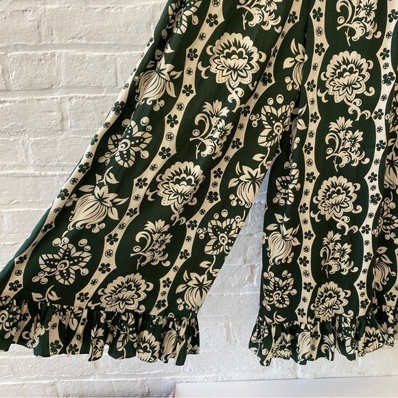 Zara || Floral Wide Leg Ruffle Hem Pants Satin Green White Small