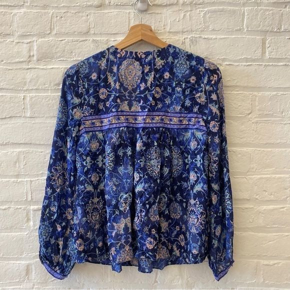 Rebecca Taylor || Silk Dreamweaver Top Long Sleeve Indigo Combo Blue Pink 0