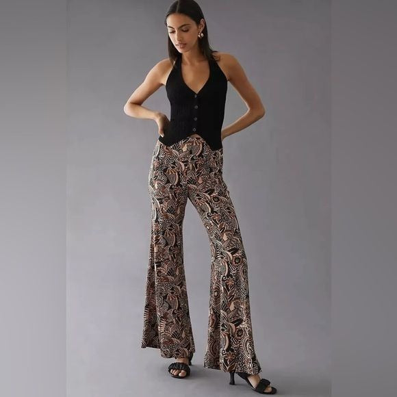 Anthropologie || Drapey Flare Pants Abstract Pattern Brown 8