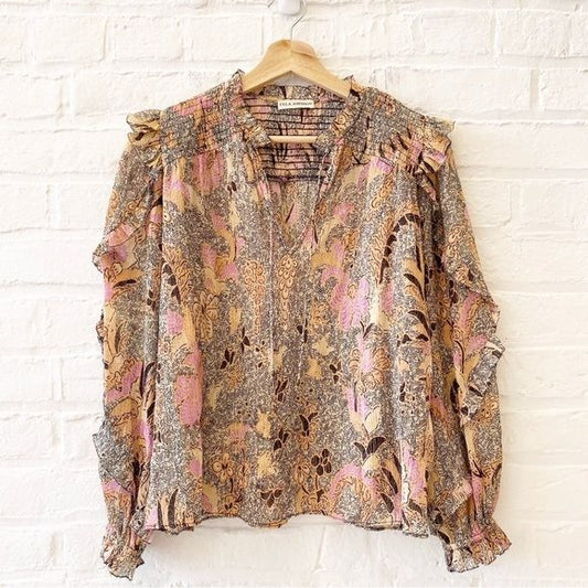 Ulla Johnson || Lara Blouse Silk Lurex Ruffle Floral Ivory Pink 2