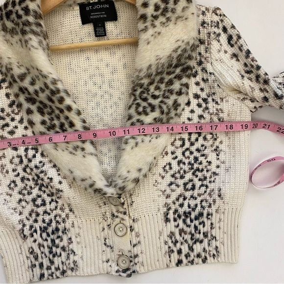 St. John || Snow Leopard Cardigan Sweater Detachable Fur Collar Cream Small