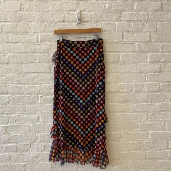 Anthropologie || FARMRio Ruffle Maxi Skirt Black Check Grid Spell Out Small