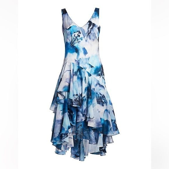 Theia || Ruffled Watercolor Hibiscus Print Cocktail Dress Blue 6