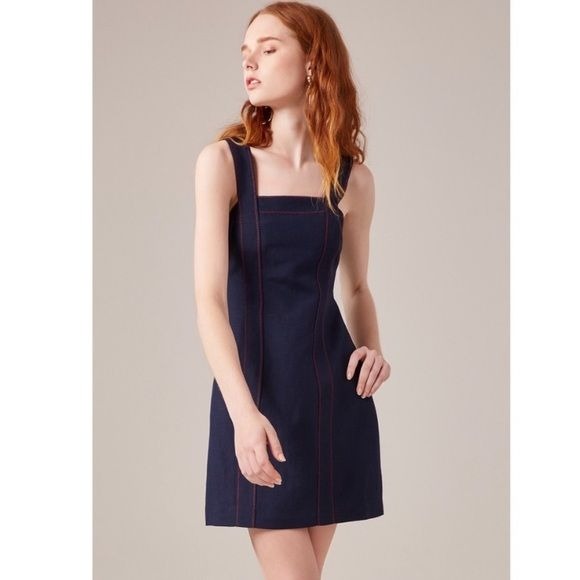 C/MEO Collective || Square-Neck Linen-Blend Mini Dress Navy Small