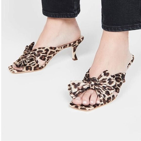 Loeffler Randall || Eugenia Pleated Knot Bow Square Toe Slides Leopard 9.5