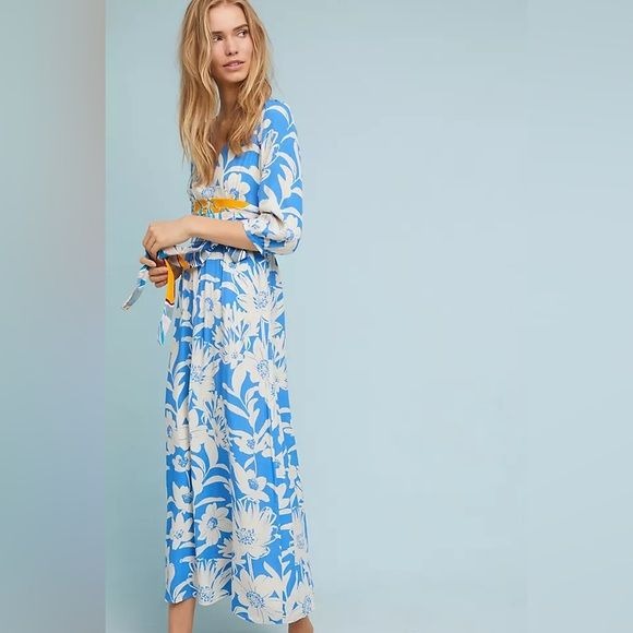 Anthropologie || Maeve Belted Kimono Floral Maxi Dress Blue Yellow 4