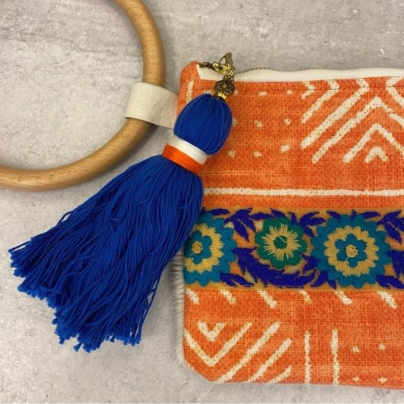 L&L Huddleston || Floral Tassel Bracelet Clutch Wristlet Orange Blue Ponyhair