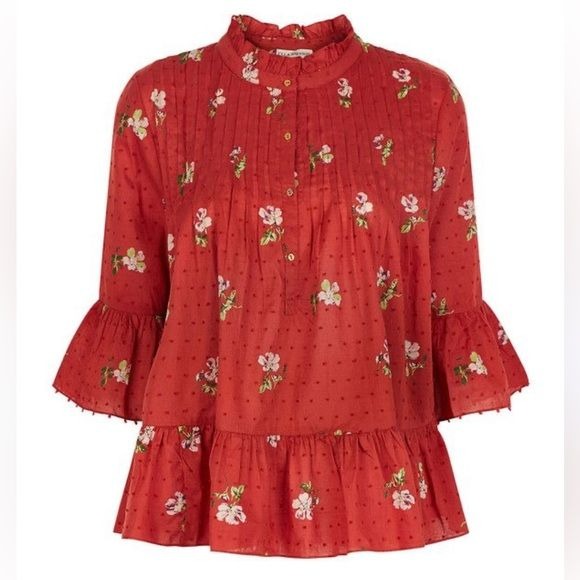 Ulla Johnson || Charlotte Pintucked A-Line Ruffle Blouse Floral Crimson 0