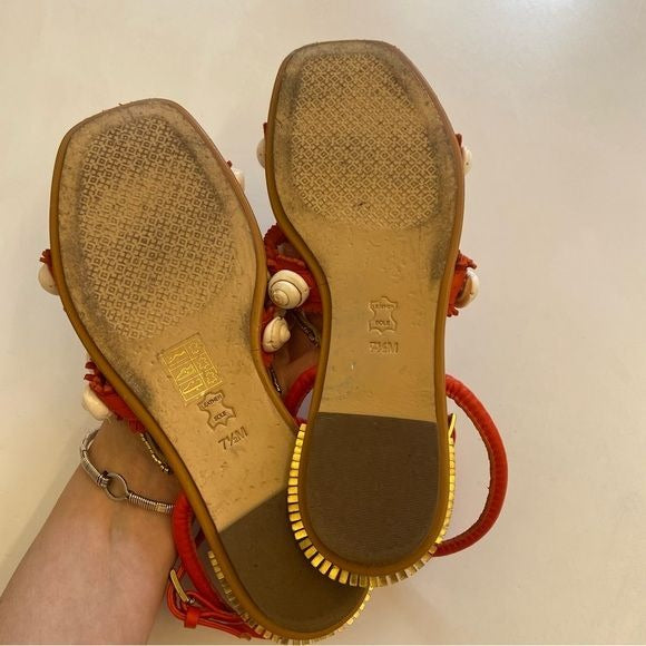 Tory Burch || Sinclair Seashell Sandal Strappy Fringe Gold Orange Red 7.5