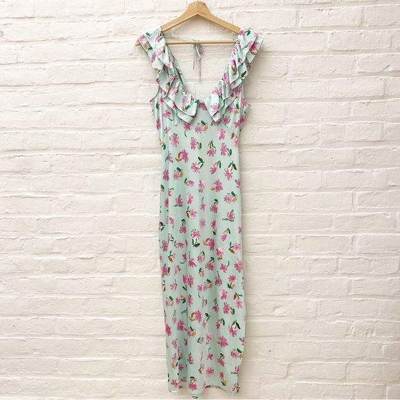 Zara || Floral V-Neck Ruffle Slip Dress Midi Mint Pink Small