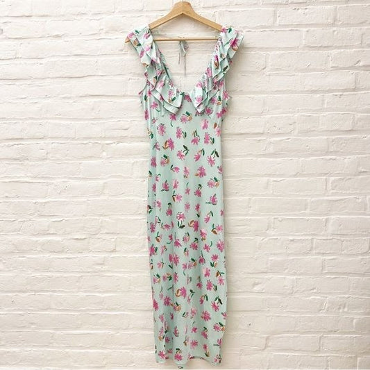 Zara || Floral V-Neck Ruffle Slip Dress Midi Mint Pink Small