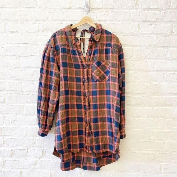 Free People || Wild Side Oversized Plaid Flannel Tie Back Tunic Pink Blue XS