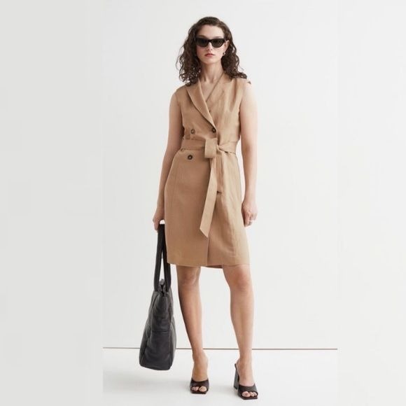 H&M || Linen Blend Button Front Sleeveless Shirt Dress Tie Belt Tan M