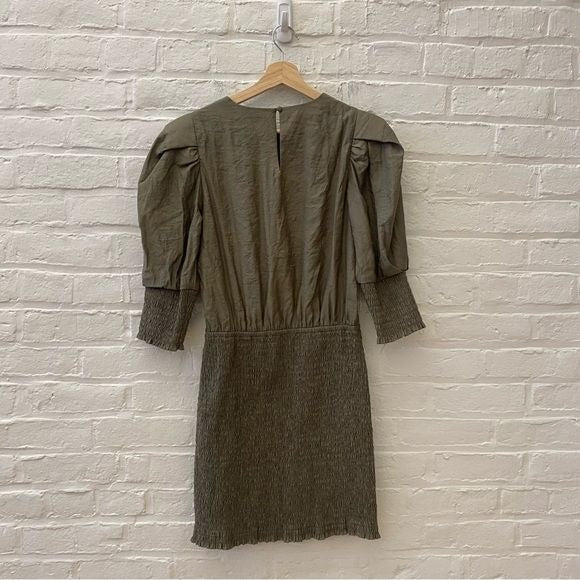 Rebecca Minkoff || Geneva Smocked Puff Sleeve Dress in Army Green Medium